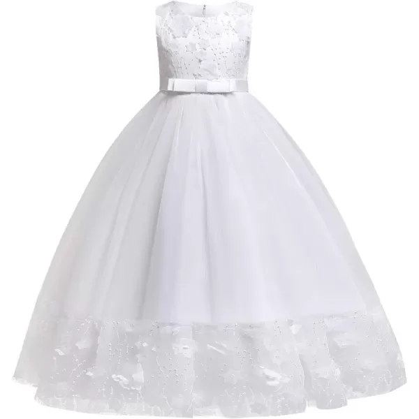 Flower Girls Long Lace Dress for Kids Wedding Bridesmaid Pageant Maxi Gowns Big Princess Communion Puffy Tulle DressesWhite