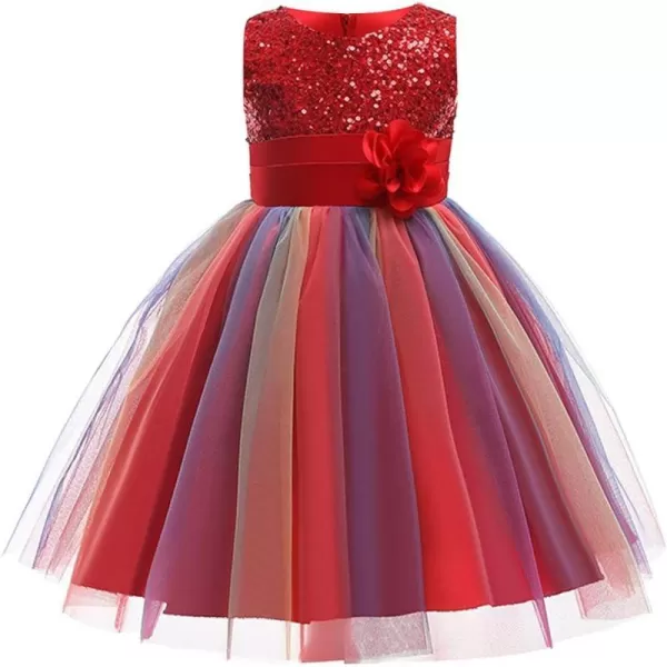 Flower Girls Sequins Rainbow Tutu Dress for Kids Baby Wedding Bridesmaid Pageant Birthday Party Princess Tulle Dresses001 Rainbow Red