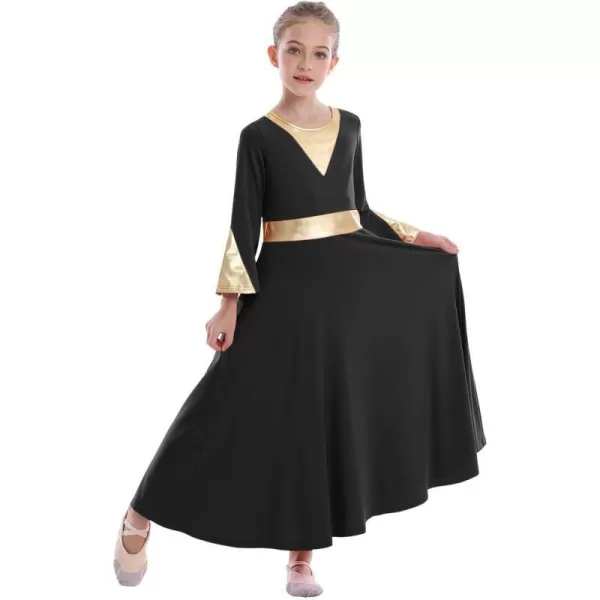 Girls Bell Long Sleeve Praise Dance Dress Metallic Belt Liturgical Lyrical Church Dancewear Worship Costume for KidsBlack