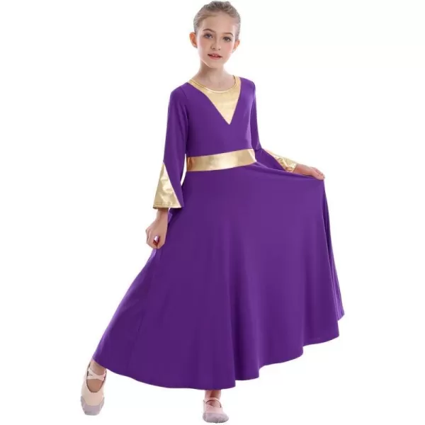 Girls Bell Long Sleeve Praise Dance Dress Metallic Belt Liturgical Lyrical Church Dancewear Worship Costume for KidsPurple