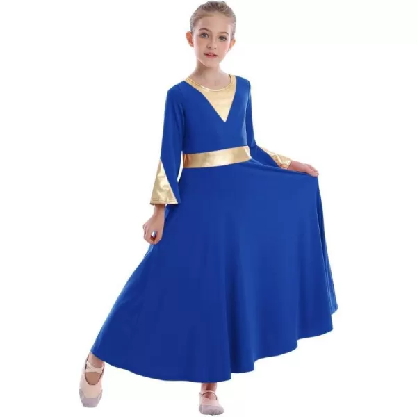 Girls Bell Long Sleeve Praise Dance Dress Metallic Belt Liturgical Lyrical Church Dancewear Worship Costume for KidsRoyal Blue