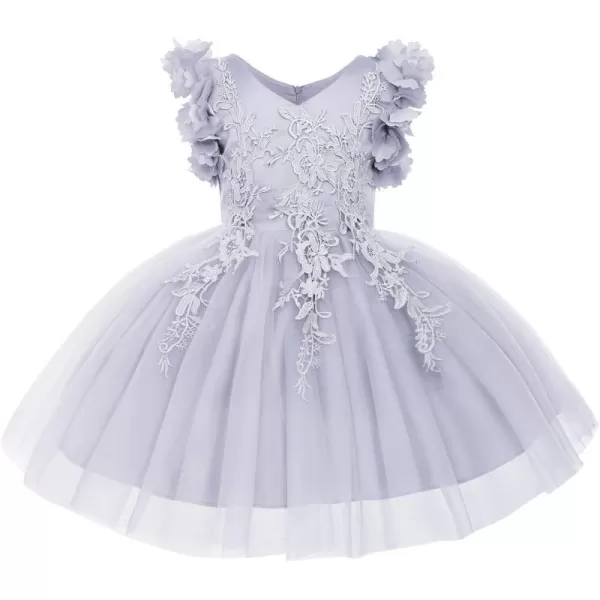 Girls Flower Ruffle Flutter Tutu Dress Lace Bridesmaid Wedding Party Pageant Tulle Dress for Kids Communion Prom GownsGray