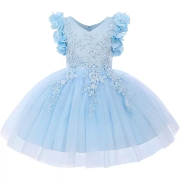 Girls Flower Ruffle Flutter Tutu Dress Lace Bridesmaid Wedding Party Pageant Tulle Dress for Kids Communion Prom GownsLight Blue