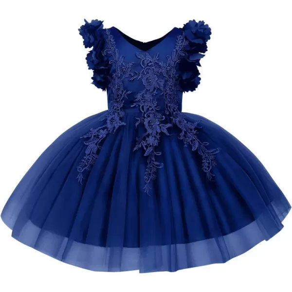 Girls Flower Ruffle Flutter Tutu Dress Lace Bridesmaid Wedding Party Pageant Tulle Dress for Kids Communion Prom GownsNavy Blue