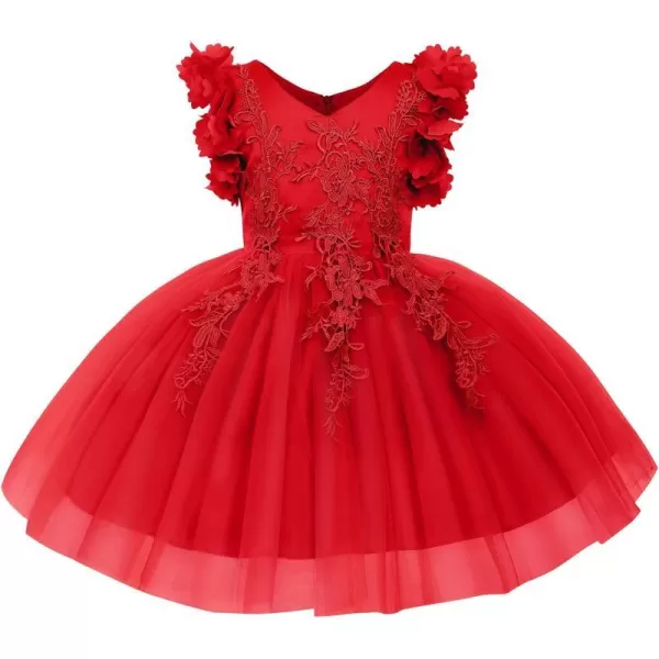 Girls Flower Ruffle Flutter Tutu Dress Lace Bridesmaid Wedding Party Pageant Tulle Dress for Kids Communion Prom GownsRed