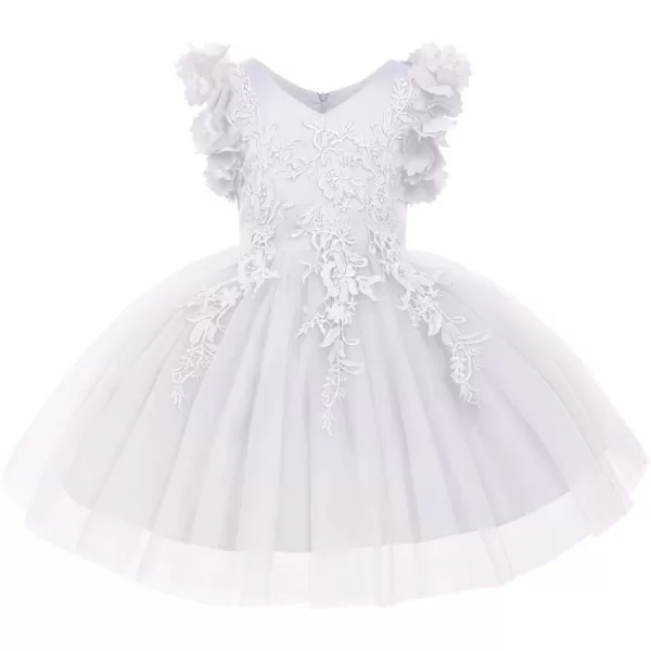 Girls Flower Ruffle Flutter Tutu Dress Lace Bridesmaid Wedding Party Pageant Tulle Dress for Kids Communion Prom GownsWhite