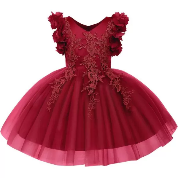 Girls Flower Ruffle Flutter Tutu Dress Lace Bridesmaid Wedding Party Pageant Tulle Dress for Kids Communion Prom GownsWine Red