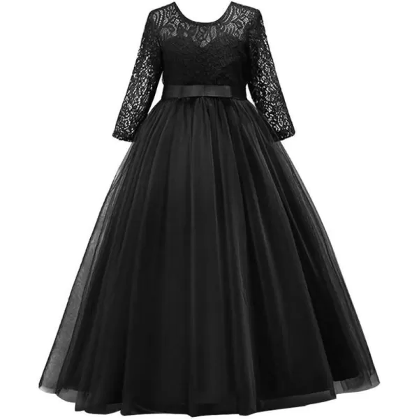 Girls Long Lace Bridesmaid Dress 34 Sleeves Floor Length Maxi Tulle Pageant Ball Gowns Wedding Party Dresses for KidsBlack