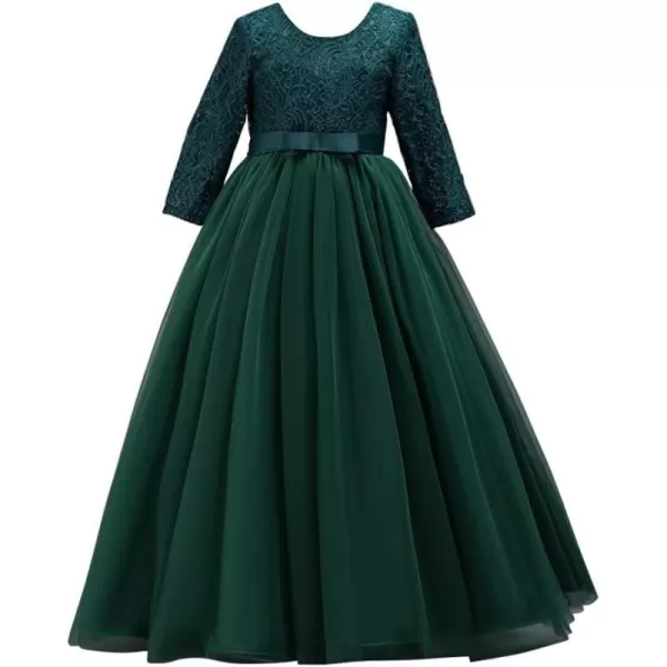 Girls Long Lace Bridesmaid Dress 34 Sleeves Floor Length Maxi Tulle Pageant Ball Gowns Wedding Party Dresses for KidsBlackish Green