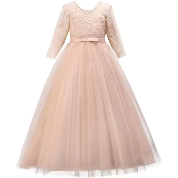 Girls Long Lace Bridesmaid Dress 34 Sleeves Floor Length Maxi Tulle Pageant Ball Gowns Wedding Party Dresses for KidsChampagne