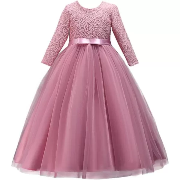 Girls Long Lace Bridesmaid Dress 34 Sleeves Floor Length Maxi Tulle Pageant Ball Gowns Wedding Party Dresses for KidsDusty Pink