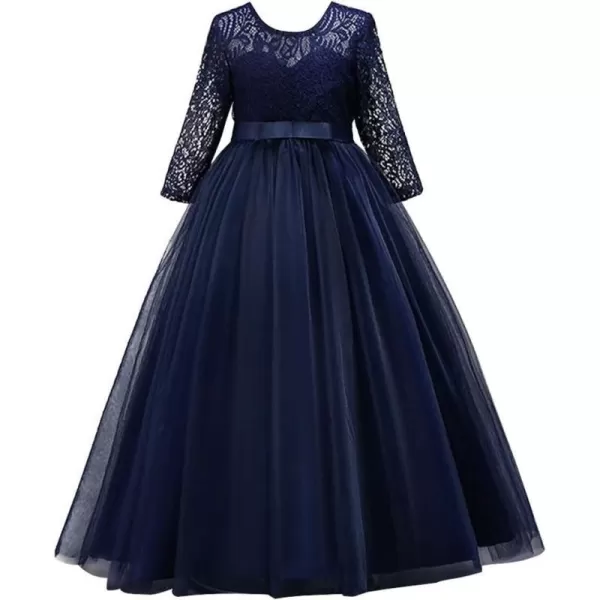 Girls Long Lace Bridesmaid Dress 34 Sleeves Floor Length Maxi Tulle Pageant Ball Gowns Wedding Party Dresses for KidsNavy Blue