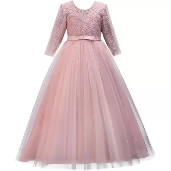 Girls Long Lace Bridesmaid Dress 34 Sleeves Floor Length Maxi Tulle Pageant Ball Gowns Wedding Party Dresses for KidsPink