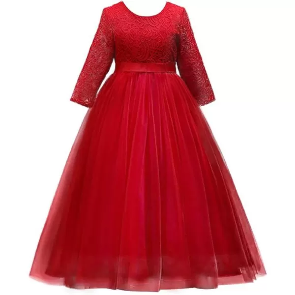 Girls Long Lace Bridesmaid Dress 34 Sleeves Floor Length Maxi Tulle Pageant Ball Gowns Wedding Party Dresses for KidsRed