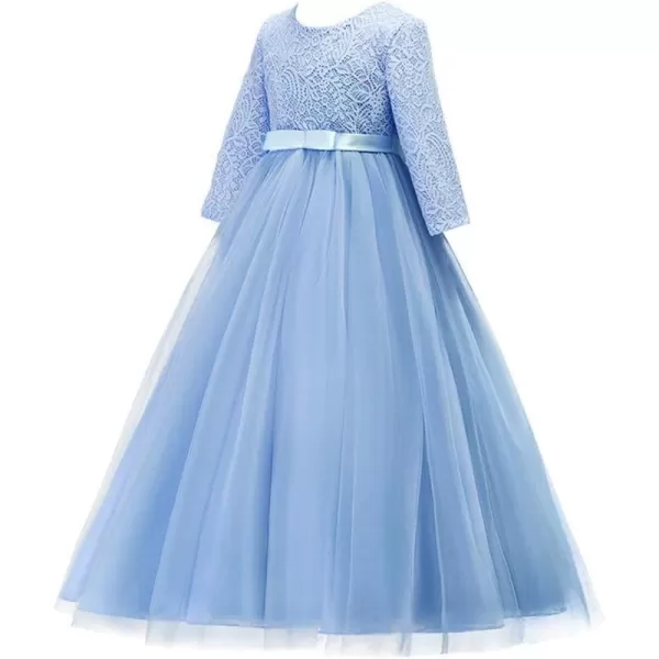 Girls Long Lace Bridesmaid Dress 34 Sleeves Floor Length Maxi Tulle Pageant Ball Gowns Wedding Party Dresses for KidsSky Blue