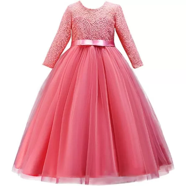 Girls Long Lace Bridesmaid Dress 34 Sleeves Floor Length Maxi Tulle Pageant Ball Gowns Wedding Party Dresses for KidsWatermelon Red