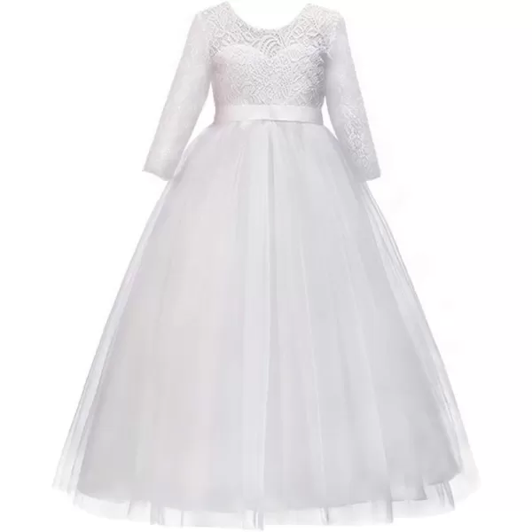 Girls Long Lace Bridesmaid Dress 34 Sleeves Floor Length Maxi Tulle Pageant Ball Gowns Wedding Party Dresses for KidsWhite