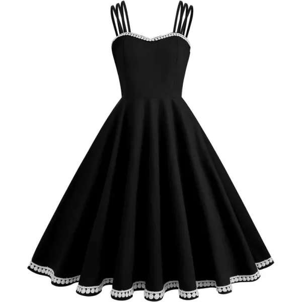 IDOPIP 1950s Dresses for Women Vintage Cocktail Party Swing Dress Solid Retro Halter Wedding Guest Rockabilly Pinup DressesBlack