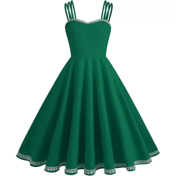 IDOPIP 1950s Dresses for Women Vintage Cocktail Party Swing Dress Solid Retro Halter Wedding Guest Rockabilly Pinup DressesGreen