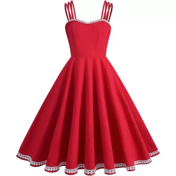 IDOPIP 1950s Dresses for Women Vintage Cocktail Party Swing Dress Solid Retro Halter Wedding Guest Rockabilly Pinup DressesRed