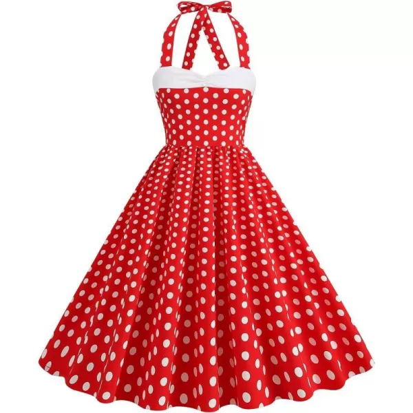 IDOPIP 1950s Dresses for Women Vintage Cocktail Party Swing Dress Summer Retro Halter Wedding Casual Party Aline Midi DressRed