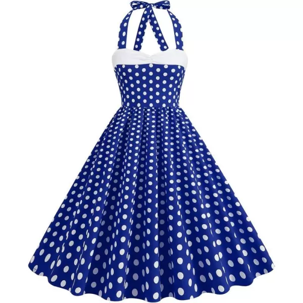 IDOPIP 1950s Dresses for Women Vintage Cocktail Party Swing Dress Summer Retro Halter Wedding Casual Party Aline Midi DressRoyal Blue