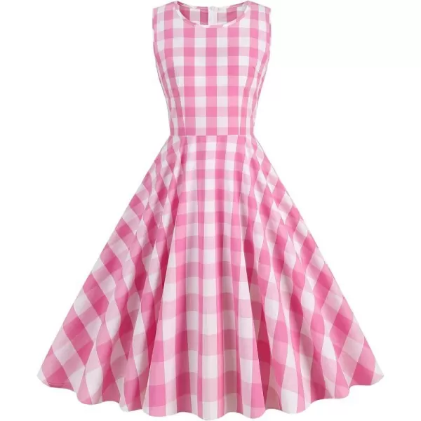 IDOPIP 1950s Dresses for Women Vintage Cocktail Party Swing Dress Summer Sleeveless Retro Wedding Casual Aline Midi DressPink Plaid