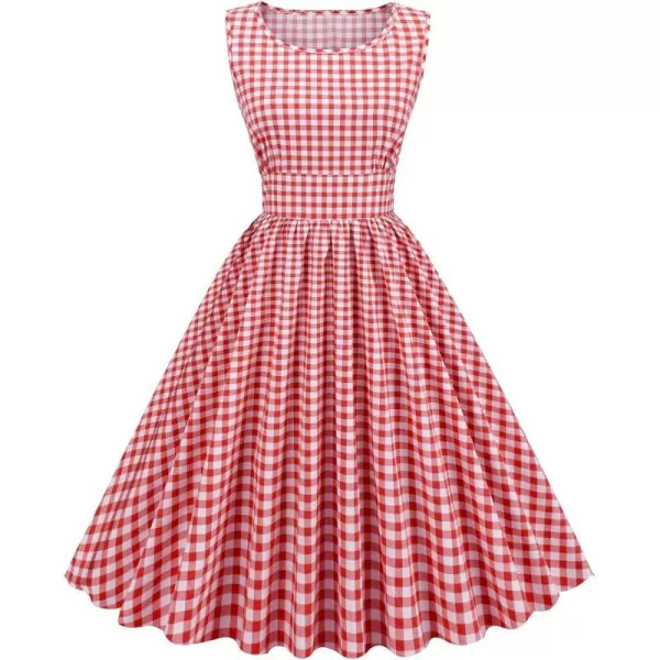 IDOPIP 1950s Dresses for Women Vintage Cocktail Party Swing Dress Summer Sleeveless Retro Wedding Casual Aline Midi DressRed Plaid