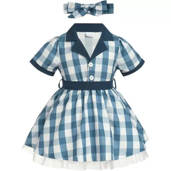 IDOPIP 1950s Housewife Costume for Girls Kids Halloween Birthday Party Dress up with ApronBelt  Headband for Photo ShootBlue Plaid