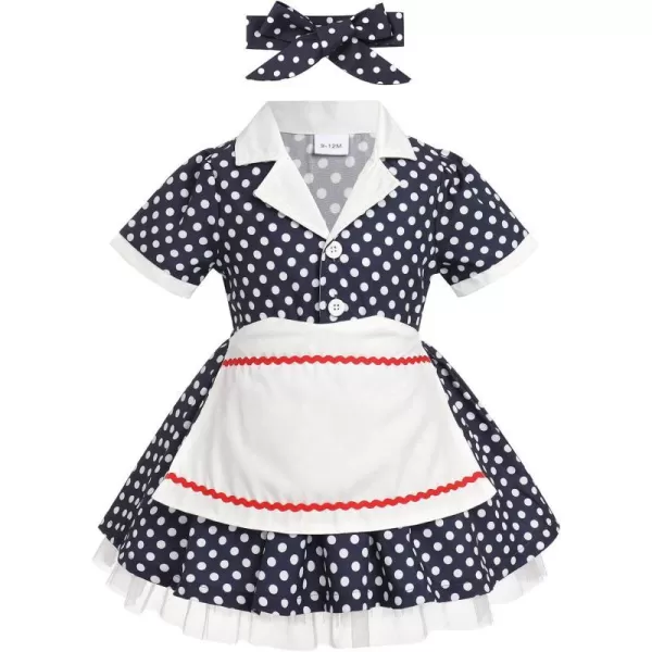 IDOPIP 1950s Housewife Costume for Girls Kids Halloween Birthday Party Dress up with ApronBelt  Headband for Photo ShootNavy Blue Polka Dot  Button