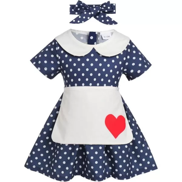 IDOPIP 1950s Housewife Costume for Girls Kids Halloween Birthday Party Dress up with ApronBelt  Headband for Photo ShootNavy Blue Polka Dot  Heart