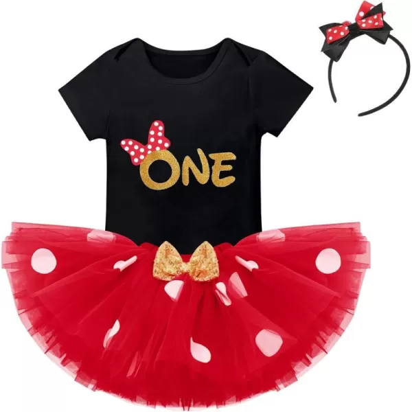 IDOPIP 1st Birthday Outfit Girl Baby Polka Dot Costume Bow One Romper Ruffle Tulle Skirt Headband Cake Smash Dress 3pcs SetBlack One