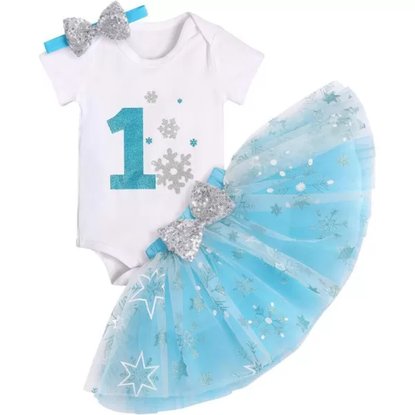 IDOPIP 1st Birthday Outfit Girl Baby Polka Dot Costume Bow One Romper Ruffle Tulle Skirt Headband Cake Smash Dress 3pcs SetBlue Snowflake 1