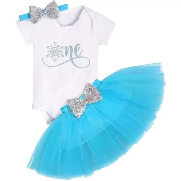 IDOPIP 1st Birthday Outfit Girl Baby Polka Dot Costume Bow One Romper Ruffle Tulle Skirt Headband Cake Smash Dress 3pcs SetBlue Snowflake One