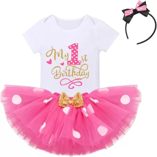 IDOPIP 1st Birthday Outfit Girl Baby Polka Dot Costume Bow One Romper Ruffle Tulle Skirt Headband Cake Smash Dress 3pcs SetHot Pink 1st Birthday