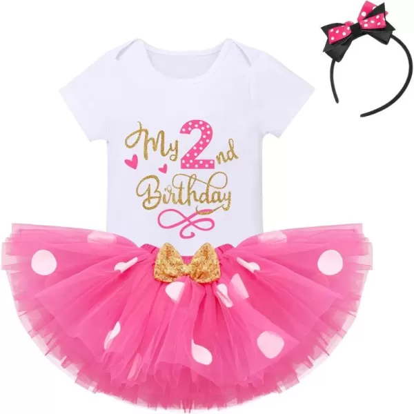 IDOPIP 1st Birthday Outfit Girl Baby Polka Dot Costume Bow One Romper Ruffle Tulle Skirt Headband Cake Smash Dress 3pcs SetHot Pink 2nd Birthday