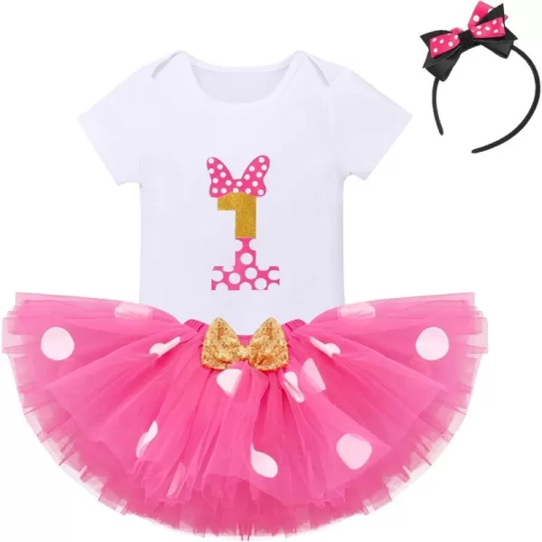 IDOPIP 1st Birthday Outfit Girl Baby Polka Dot Costume Bow One Romper Ruffle Tulle Skirt Headband Cake Smash Dress 3pcs SetHot Pink No1