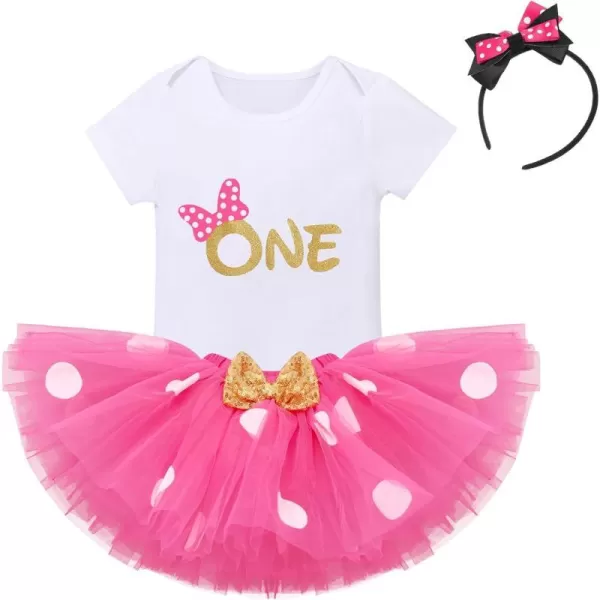 IDOPIP 1st Birthday Outfit Girl Baby Polka Dot Costume Bow One Romper Ruffle Tulle Skirt Headband Cake Smash Dress 3pcs SetHot Pink One