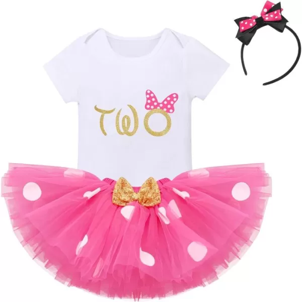 IDOPIP 1st Birthday Outfit Girl Baby Polka Dot Costume Bow One Romper Ruffle Tulle Skirt Headband Cake Smash Dress 3pcs SetHot Pink Two