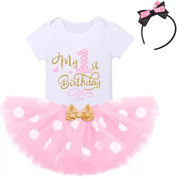 IDOPIP 1st Birthday Outfit Girl Baby Polka Dot Costume Bow One Romper Ruffle Tulle Skirt Headband Cake Smash Dress 3pcs SetPink 1st Birthday