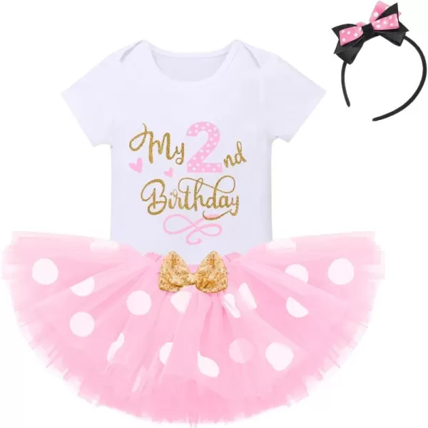 IDOPIP 1st Birthday Outfit Girl Baby Polka Dot Costume Bow One Romper Ruffle Tulle Skirt Headband Cake Smash Dress 3pcs SetPink 2nd Birthday