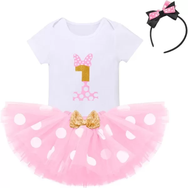 IDOPIP 1st Birthday Outfit Girl Baby Polka Dot Costume Bow One Romper Ruffle Tulle Skirt Headband Cake Smash Dress 3pcs SetPink No1