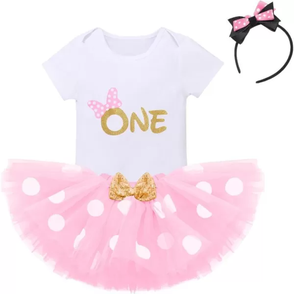 IDOPIP 1st Birthday Outfit Girl Baby Polka Dot Costume Bow One Romper Ruffle Tulle Skirt Headband Cake Smash Dress 3pcs SetPink One