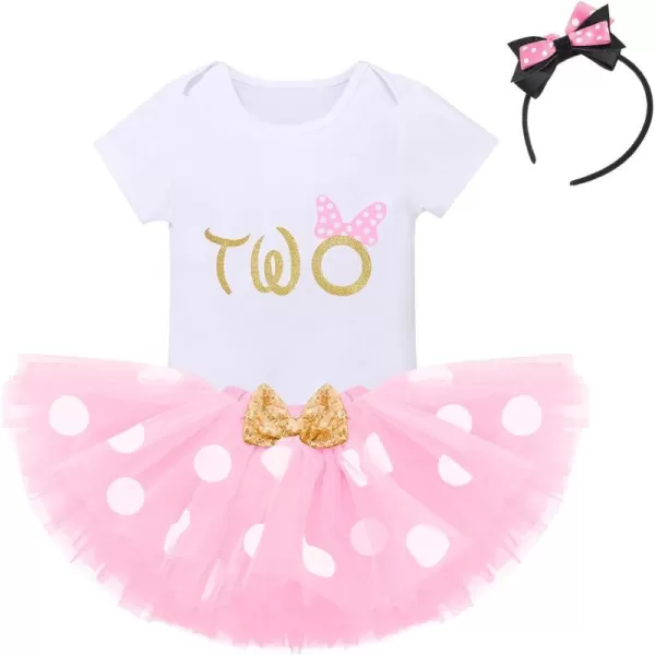 IDOPIP 1st Birthday Outfit Girl Baby Polka Dot Costume Bow One Romper Ruffle Tulle Skirt Headband Cake Smash Dress 3pcs SetPink Two