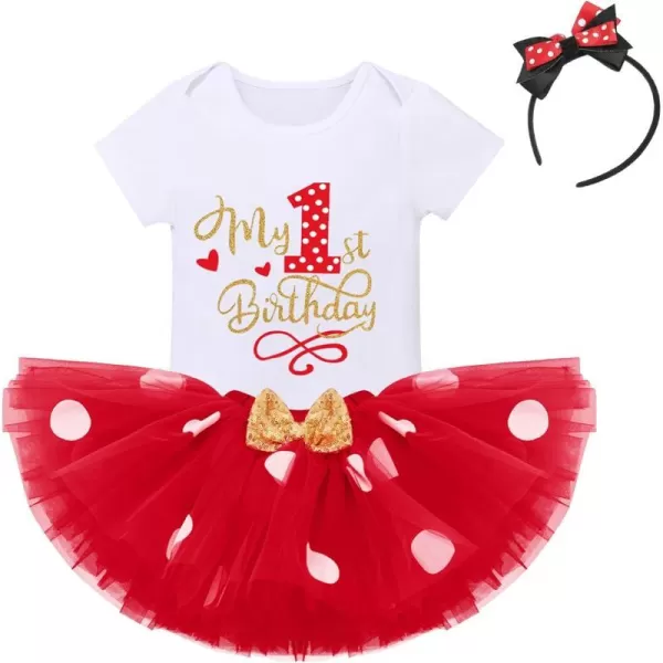 IDOPIP 1st Birthday Outfit Girl Baby Polka Dot Costume Bow One Romper Ruffle Tulle Skirt Headband Cake Smash Dress 3pcs SetRed 1st Birthday