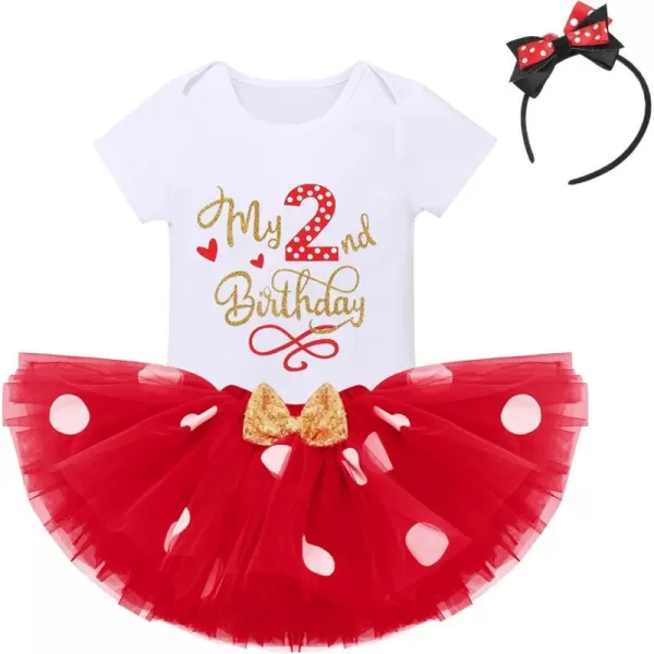 IDOPIP 1st Birthday Outfit Girl Baby Polka Dot Costume Bow One Romper Ruffle Tulle Skirt Headband Cake Smash Dress 3pcs SetRed 2nd Birthday