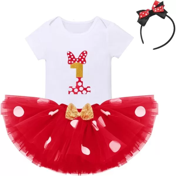 IDOPIP 1st Birthday Outfit Girl Baby Polka Dot Costume Bow One Romper Ruffle Tulle Skirt Headband Cake Smash Dress 3pcs SetRed No1