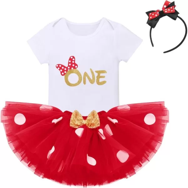 IDOPIP 1st Birthday Outfit Girl Baby Polka Dot Costume Bow One Romper Ruffle Tulle Skirt Headband Cake Smash Dress 3pcs SetRed One