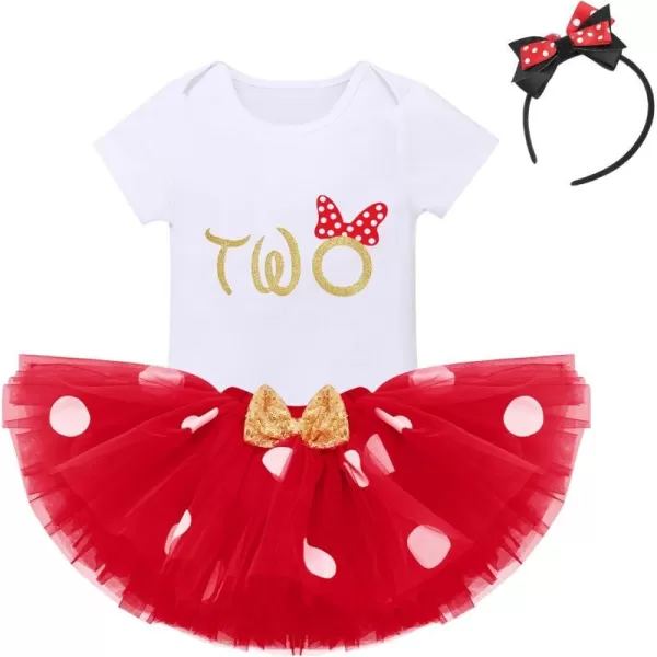 IDOPIP 1st Birthday Outfit Girl Baby Polka Dot Costume Bow One Romper Ruffle Tulle Skirt Headband Cake Smash Dress 3pcs SetRed Two