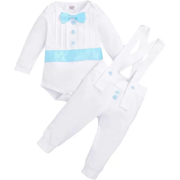 IDOPIP Baby Boy Baptism Christening Outfit Gentleman Bowtie Romper Suspenders Pants First Birthday Wedding Party Tuxedo SuitBlue  Long Sleeve